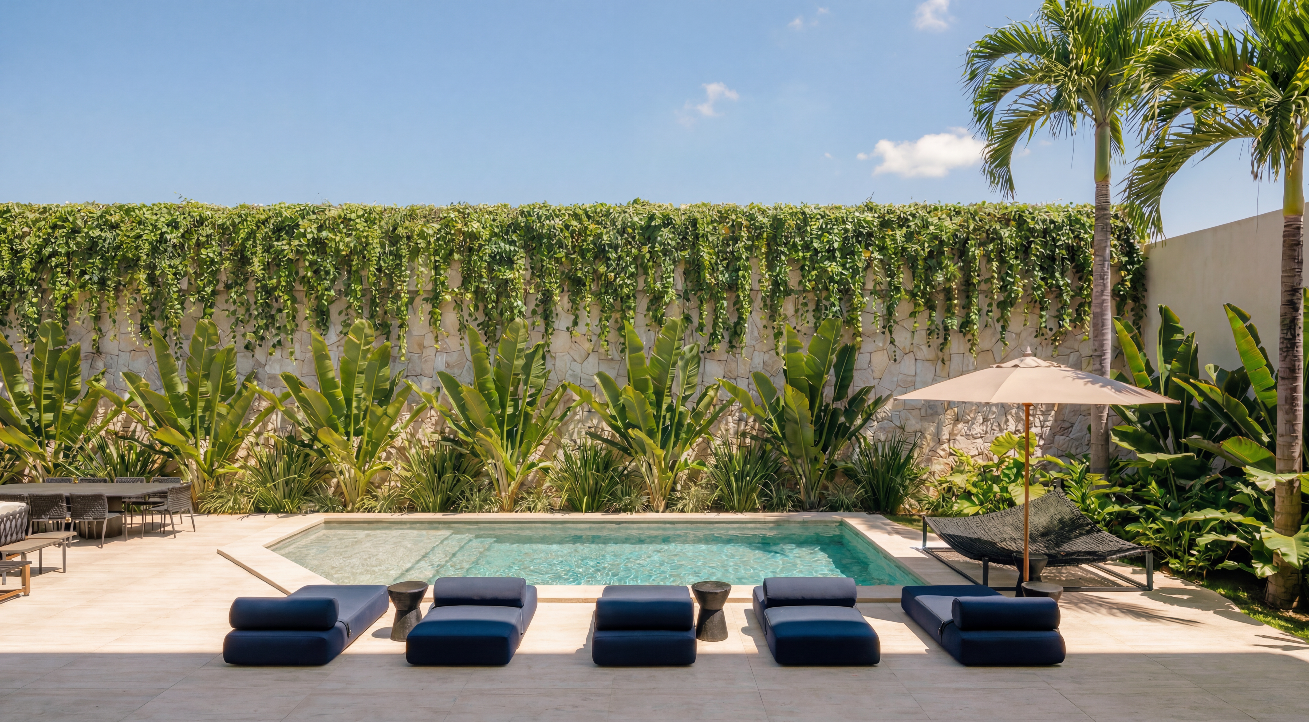 Piscina com espreguiçadeiras azuis, jardim tropical e muro de pedra